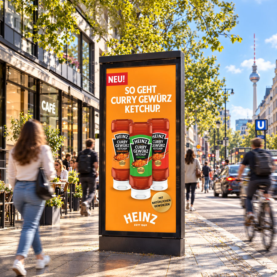 Werbeplakat für Heinz Curry Gewürz Ketchup in einer belebten Einkaufsstraße