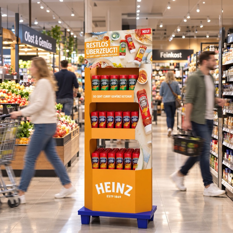 Heinz-Aufsteller mit Curry Gewürz Ketchup im Supermarkt-Gang