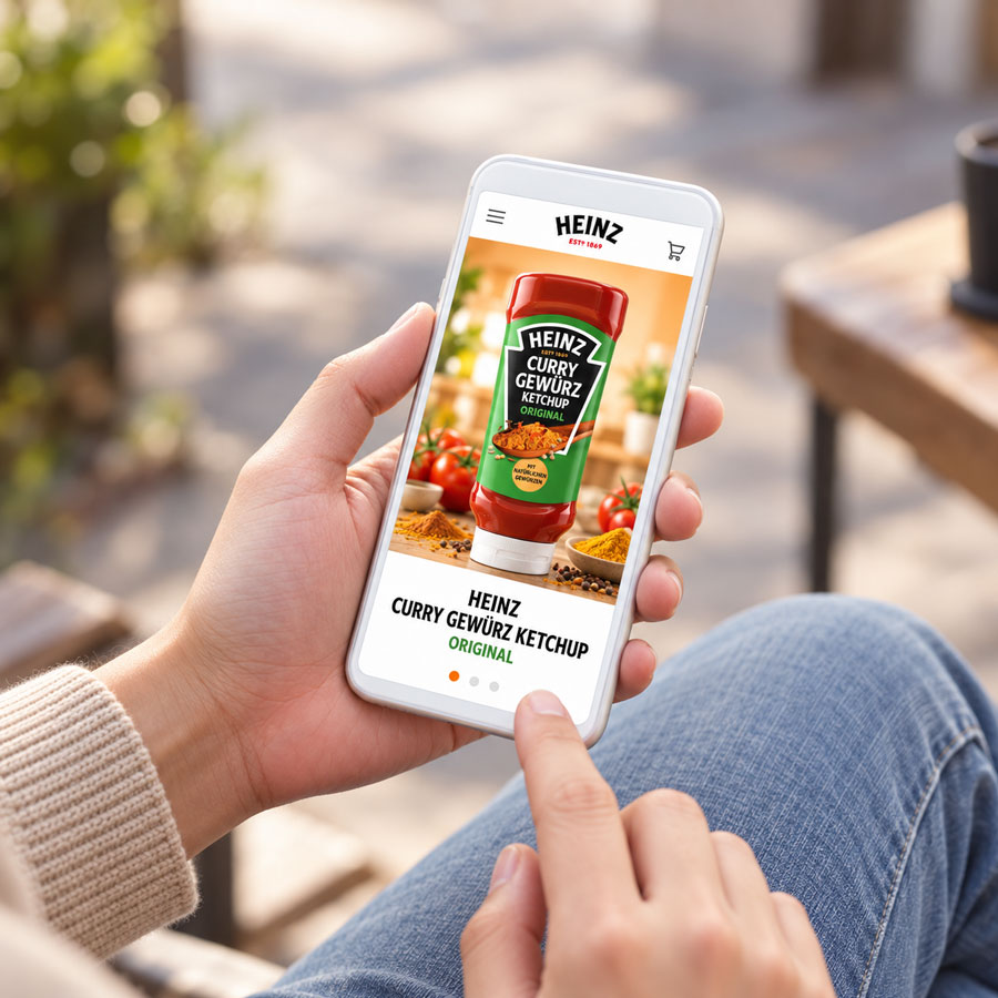 Person bestellt Heinz Curry Gewürz Ketchup im Onlineshop auf dem Smartphone